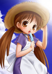 Rule 34 | 1girl, apron, bad id, bad pixiv id, brown eyes, brown hair, cloud, day, food, futaba channel, hat, hidoi, kikai (pixiv141279), open mouth, popsicle, short sleeves, sky, solo, straw hat, tongue, twintails