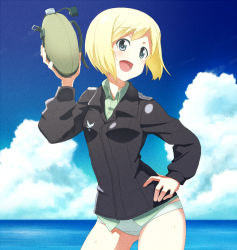 Rule 34 | 1girl, blonde hair, blue eyes, canteen, cloud, contrapposto, cowboy shot, day, erica hartmann, film grain, hand on own hip, hand up, holding, horizon, looking to the side, ocean, open mouth, shiratama (hockey), short hair, sky, smile, solo, standing, strike witches, texture, uniform, water, world witches series