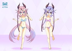 Rule 34 | 2others, absurdres, artist name, blue eyes, blue hair, blue tanuki, bookmark, bra, breasts, commission, eyebrows, feet, highres, horns, knees, meika hime, meika mikoto, multicolored hair, multiple others, navel, open mouth, panties, pink eyes, pink hair, short hair, simple background, small breasts, stomach, striped bra, striped clothes, striped panties, thighs, toes, underwear, v, vocaloid, watermark