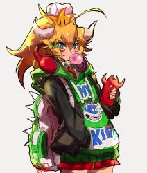 Rule 34 | 1girl, ahoge, backpack, bag, blonde hair, blue eyes, blue shell (mario), bowser logo, bowsette, blowing bubbles, cellphone, chewing gum, commentary, contemporary, cowboy shot, english commentary, gurepyon, hair ornament, hairclip, hand in pocket, headphones, headphones around neck, highres, hood, hoodie, horns, mario (series), mario kart, mario kart 64, nail polish, necktie, new super mario bros. u deluxe, nintendo, phone, pleated skirt, ponytail, print hoodie, signature, skirt, smartphone, solo, super crown, thick eyebrows, wing collar