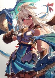 Rule 34 | 1girl, armor, armored dress, blue dress, brown gloves, closed mouth, commentary request, dark-skinned female, dark skin, dragon, dress, gloves, gradient background, granblue fantasy, grey background, hair between eyes, highres, kuroi susumu, long hair, looking to the side, red eyes, solo, white background, white hair, zooey (granblue fantasy)