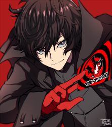 Rule 34 | 10s, 1boy, amamiya ren, black hair, card, gloves, gurepyon, jacket, looking at viewer, male focus, mask, persona, persona 5, red background, red eyes, short hair, simple background, smile, solo
