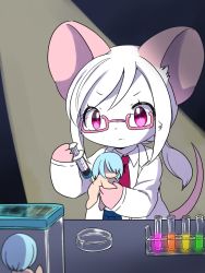 Rule 34 | 3girls, animal ears, blue hair, body fur, cage, coat, female focus, furry, furry female, glasses, highres, kemoribon, low twintails, mini person, minigirl, mouse ears, mouse tail, multiple girls, necktie, nude, original, pink-framed eyewear, red neckwear, role reversal, semi-rimless eyewear, syringe, tail, test tube, test tube rack, twintails, white coat, white hair