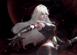 Rule 34 | armlet, black shorts, blue eyes, breasts, elbow gloves, freewalk543, gloves, highres, joints, katana, long hair, medium breasts, nier (series), nier:automata, outstretched arm, robot joints, short shorts, shorts, silver hair, solo, sword, tank top, weapon, a2 (nier:automata)