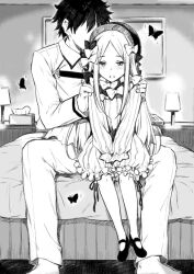 Rule 34 | 1boy, 1girl, abigail williams (fate), bed, beret, blush, bow, bug, butterfly, chaldea uniform, dress, faceless, faceless male, fate/grand order, fate (series), fujimaru ritsuka (male), greyscale, hair bow, hands on another&#039;s shoulders, hat, hetero, indoors, insect, long hair, mary janes, monochrome, multiple hair bows, nanatsugumi, on bed, open mouth, parted bangs, shoes, sitting, sleeves past fingers, sleeves past wrists, tissue box