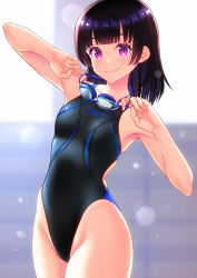 Rule 34 | 1girl, arm up, armpits, bare arms, bare shoulders, black one-piece swimsuit, blush, breasts, closed mouth, collarbone, competition swimsuit, cowboy shot, goggles, goggles around neck, highres, kuri (kurigohan), lens flare, looking at viewer, medium breasts, one-piece swimsuit, original, purple eyes, short hair, smile, solo, swimsuit