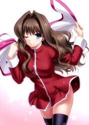 Rule 34 | 1girl, black thighhighs, blue eyes, breasts, brown hair, capelet, closed mouth, commentary request, cowboy shot, dress, eyelashes, eyes visible through hair, hair between eyes, hair intakes, hands up, kanon, large breasts, light blush, long hair, long sleeves, looking at viewer, misaka kaori, one eye closed, red dress, school uniform, short dress, sidelocks, simple background, smile, solo, standing, thighhighs, wavy hair, white background, white capelet, zen (kamuro), zettai ryouiki