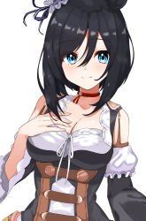 Rule 34 | 1girl, absurdres, animal ears, black dress, black hair, blue eyes, breasts, choker, cleavage, closed mouth, detached sleeves, dirndl, dress, eishin flash (umamusume), german clothes, hair between eyes, hand on own chest, highres, horse ears, isocha, looking at viewer, medium breasts, medium hair, pinafore dress, simple background, sleeveless dress, smile, solo, split mouth, umamusume, upper body, white background