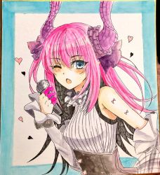 Rule 34 | 10s, 1girl, ;o, bare shoulders, blush, breasts, curled horns, detached sleeves, dragon horns, elizabeth bathory (fate), elizabeth bathory (fate/extra ccc), elizabeth bathory (second ascension) (fate), fang, fate/extra, fate/extra ccc, fate (series), hair between eyes, hair ribbon, heart, highres, holding, holding microphone, horns, long hair, long sleeves, looking at viewer, marker (medium), microphone, one eye closed, parted lips, photo (medium), purple ribbon, ribbon, shirt, sidelocks, sleeveless, sleeveless shirt, sleeves past wrists, small breasts, solo, tanaji, traditional media, two side up, very long hair