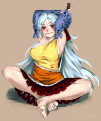 Rule 34 | 1girl, armpits, arms behind head, arms up, bare legs, bare shoulders, barefoot, bow, breasts, closed mouth, collarbone, detached sleeves, dress, envenomist (gengoroumaru), full body, hair between eyes, highres, holding, long hair, looking at viewer, multicolored clothes, multicolored dress, red eyes, sakata nemuno, sideboob, silver hair, single strap, sitting, smile, solo, toes, touhou, very long hair