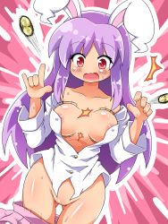 Rule 34 | 1girl, ^^^, animal ears, areola slip, bad id, bad pixiv id, blush, breasts, bursting breasts, buttons, clothes pull, collarbone, dress shirt, female focus, groin, jinnouchi akira, large breasts, long hair, no bra, no pussy, open mouth, popped button, purple hair, rabbit ears, red eyes, reisen udongein inaba, shirt, skirt, skirt pull, solo, surprised, sweat, touhou, very long hair, wardrobe malfunction