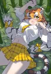 Rule 34 | alternate costume, animal ears, animal print, bamboo, bamboo forest, black hair, blush, bow, cowboy shot, fang, forest, hair between eyes, highres, kemono friends, long hair, lying, midriff peek, multicolored hair, nature, navel, necktie, on back, one eye closed, open mouth, orange hair, plaid, plaid bow, plaid necktie, plaid skirt, pleated skirt, saijou k, shirt, short sleeves, siberian tiger (kemono friends), sidelocks, skirt, tail, tiger ears, tiger girl, tiger print, tiger tail, white hair, white shirt, yellow bow, yellow eyes, yellow necktie, yellow skirt