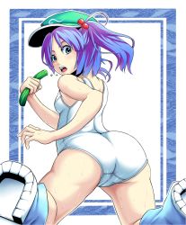 Rule 34 | 1girl, ass, bad id, bad pixiv id, blue eyes, blue hair, boots, cameltoe, cucumber, eating, female focus, hair bobbles, hair ornament, hat, kawashiro nitori, looking back, matching hair/eyes, mendou saya, one-piece swimsuit, school swimsuit, short hair, solo, surprised, swimsuit, touhou, twintails, two side up, wet
