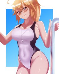 Rule 34 | absurdres, ahoge, bad id, bad twitter id, bare shoulders, blue background, breasts, competition swimsuit, fate/grand order, fate (series), heart, heart-shaped pupils, highres, jeanne d&#039;arc (fate), jeanne d&#039;arc (ruler) (fate), jeanne d&#039;arc (swimsuit archer) (fate), jeanne d&#039;arc (swimsuit archer) (second ascension) (fate), large breasts, naughty face, navel, one-piece swimsuit, railing, shiny skin, smile, swimsuit, symbol-shaped pupils, thighs, tongue, tongue out, whistle, whistle around neck, white one-piece swimsuit, zaki (zaki btw)