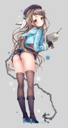 Rule 34 | 1girl, anchor, ass, azur lane, bad id, bad pixiv id, beret, black footwear, black gloves, black hat, black shorts, black thighhighs, blue jacket, blush, boots, brown hair, brown thighhighs, cannon, chain, closed mouth, commentary request, fingerless gloves, full body, gloves, grey background, hair ornament, hairclip, hat, high heel boots, high heels, highres, holding, jacket, kimberly (azur lane), legs, long hair, long sleeves, looking at viewer, looking back, red eyes, short shorts, shorts, simple background, snowflakes, sousouman, standing, swept bangs, thighhighs, turret