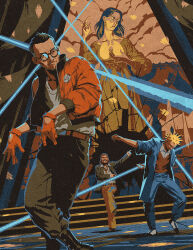 Rule 34 | 1girl, 3boys, black hair, blonde hair, bomber jacket, brown hair, church, crack, cracked wall, dancing, disco elysium, dolores dei, feet out of frame, full body, glasses, harry du bois, highres, indoors, jacket, kim kitsuragi, laser, lungs, mature male, multiple boys, mural, painting (object), pete andre, reptileenclosed, short hair, spiked hair