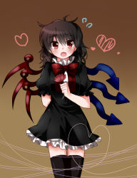 Rule 34 | 1girl, absurdres, arm behind back, asymmetrical wings, black hair, blush, bow, bowtie, cowboy shot, dress, fang, flower, gradient background, heart, heart of string, highres, houjuu nue, looking at viewer, open mouth, red eyes, short hair, shy, sizimi-sijimi, skin fang, solo, tareme, thighhighs, touhou, tsurime, wings, zettai ryouiki