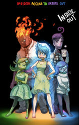 Rule 34 | 2boys, 3girls, anger (inside out), artist request, blue eyes, blue hair, blue skin, breasts, cleavage, colored skin, disgust (inside out), disney, fear (inside out), glasses, green eyes, green hair, green skin, inside out, joy (inside out), lips, looking at viewer, multiple boys, multiple girls, pixar, purple eyes, purple skin, red eyes, sadness (inside out), sweater, yellow skin