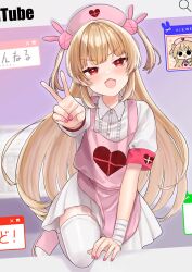 Rule 34 | 1girl, akaiumy, apron, armband, blush, breasts, brown hair, commentary request, fingernails, fourth wall, hair ornament, hat, highres, long hair, natori sana, open mouth, rabbit hair ornament, red eyes, sana channel, small breasts, solo, thighhighs, v, virtual youtuber