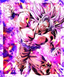 Rule 34 | 1boy, abs, absurdres, angry, aura, bare shoulders, biceps, blue wristband, border, charging forward, clenched hands, clenched teeth, collarbone, commentary request, dragon ball, dragon ball super, energy, grey eyes, highres, incoming attack, incoming punch, looking at viewer, male focus, muscular, muscular male, orange pants, pants, pectorals, punching, scratches, sekitsuki hayato, solo, son goku, spiked hair, teeth, topless male, torn clothes, torn pants, transparent border, ultra instinct, v-shaped eyebrows, white hair, wristband