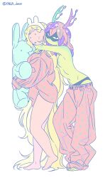 2girls adventure_time adventure_time:_fionna_and_cake blonde_hair blush breasts colored_skin fionna_campbell hair_branch highres horns hug huntress_wizard long_hair looking_at_viewer multiple_girls panties plant_hair rabbit shirt simple_background underwear very_long_hair yakza_draw yuri