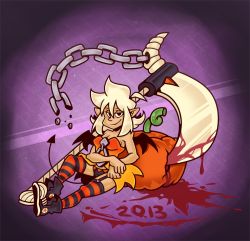 Rule 34 | 1girl, blonde hair, crazy sunshine, garter straps, halloween, lacie caramelle, pointy ears, pumpkin, scythe, shoes, sneakers, solo, striped clothes, striped thighhighs, thighhighs