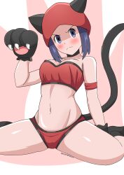 1girl absurdres alexkonakona animal_hands arm_support armband bikini black_gloves blush breasts closed_mouth collarbone commentary creatures_(company) eyelashes fake_horns frown game_freak gloves grey_eyes grey_hair hat highres horns navel nintendo paw_gloves pokemon pokemon_oras red_bikini red_hat shaded_face shiny_skin sidelocks sitting solo split_mouth spread_legs swimsuit team_magma_grunt