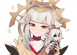 Rule 34 | 1girl, artist name, character doll, choker, collarbone, commentary, doll, embla (fire emblem), english commentary, fire emblem, fire emblem heroes, grey hair, highres, holding, holding doll, jewelry, looking at viewer, memeh, nintendo, official alternate costume, red choker, red eyes, short hair, sidelocks, simple background, smile, solo, tiara, upper body, veronica (fire emblem), white background