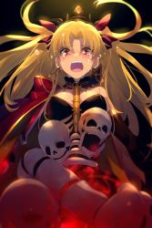 Rule 34 | 1girl, blonde hair, blush, breasts, cloak, crown, crying, echo (circa), ereshkigal (fate), eyebrows hidden by hair, fate/grand order, fate (series), hair ribbon, jewelry, long hair, looking at viewer, necklace, open mouth, ribbon, skeleton, skull, solo, tearing up, tears, twintails