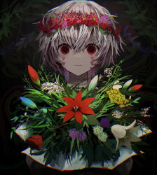 Rule 34 | 1girl, black background, blue flower, bouquet, chromatic aberration, closed mouth, commentary request, flower, flower wreath, grey hair, hair between eyes, hair flower, hair ornament, hidariri, highres, leaf, looking at viewer, original, plant, purple flower, red eyes, red flower, red pupils, ringed eyes, short hair, smile, solo, straight-on, upper body, white flower, yellow flower