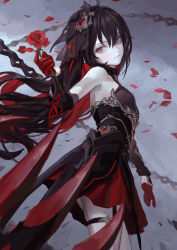 Rule 34 | 1girl, bare shoulders, breasts, brown hair, claw (weapon), closed mouth, fkey, flower, from side, gloves, half gloves, highres, holding, holding flower, honkai (series), long hair, looking at viewer, miniskirt, pale skin, petals, red eyes, red flower, red gloves, red rose, red skirt, rose, seele (alter ego), seele vollerei, seele vollerei (starchasm nyx), sketch, skindentation, skirt, small breasts, smile, solo, standing, thigh strap, weapon