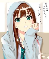 Rule 34 | 1girl, bad id, bad pixiv id, brown hair, collarbone, drinking straw, earrings, green eyes, green necktie, grey jacket, grin, head rest, highres, hood, hooded jacket, idolmaster, idolmaster cinderella girls, jacket, jewelry, long hair, long sleeves, looking at viewer, necklace, necktie, open clothes, open jacket, shibuya rin, shiki (0802makimari), shirt, smile, solo, striped necktie, striped neckwear, upper body, white background, white shirt