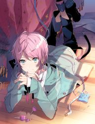 Rule 34 | 1boy, amemura ramuda, androgynous, belt, black footwear, black pants, blue eyes, blue jacket, candy, closed mouth, commentary request, eihi, food, hypnosis mic, jacket, lollipop, long sleeves, looking at viewer, lying, male focus, on floor, on stomach, pants, pin, pincushion, pink hair, shoes, smile, solo, tape measure