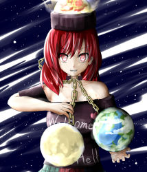 Rule 34 | 1girl, ao-shiba, bare shoulders, chain, clothes writing, collar, hecatia lapislazuli, red eyes, red hair, solo, space, touhou
