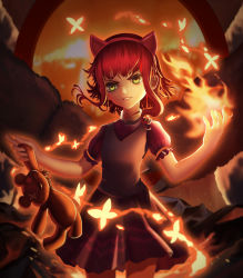 Rule 34 | 1girl, animal ears, annie (league of legends), backpack, bag, button eyes, buttons, cat ears, estcc, fake animal ears, fire, green eyes, hand up, highres, league of legends, looking at viewer, multiple girls, red hair, short hair, short hair with long locks, short sleeves, skirt, standing, stuffed animal, stuffed toy, teddy bear, tibbers