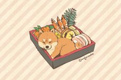 Rule 34 | animal focus, black eyes, box, closed eyes, dog, food, food focus, food request, leaf, looking at viewer, mojacookie, no humans, omelet, original, oversized food, oversized object, plant, smile, striped, striped background, twitter username