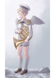 Rule 34 | 1boy, angel wings, bad id, bad pixiv id, bird, blonde hair, blue eyes, death, epaulettes, feathers, french horn, full body, hat, instrument, karita (kali lgk), looking to the side, male focus, military hat, neck ribbon, original, pillarboxed, ribbon, shadow, short shorts, shorts, socks, solo, wings
