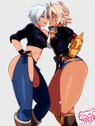 Rule 34 | 2girls, :p, angel (kof), blazblue, blonde hair, breasts, bullet (blazblue), curvy, dark-skinned female, dark skin, hands on own hips, hip focus, large breasts, looking at another, multiple girls, navel, short hair, sideboob, simple background, the king of fighters, thick thighs, thighs, tongue, tongue out, white hair, wide hips