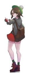 Rule 34 | 1girl, backpack, bag, bob cut, boots, bright pupils, brown bag, brown eyes, brown footwear, brown hair, cardigan, closed mouth, commentary, creatures (company), dress, eyelashes, full body, game freak, gloria (pokemon), green hat, green socks, grey cardigan, hat, highres, holding, holding poke ball, hood, hood down, hooded cardigan, kneepits, lion (dielion), long sleeves, looking back, nintendo, outstretched arm, plaid, plaid legwear, poke ball, poke ball (basic), pokemon, pokemon swsh, short hair, simple background, socks, solo, standing, tam o&#039; shanter, white background, white pupils