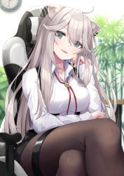 Rule 34 | 1girl, ahoge, animal ears, black pantyhose, black skirt, bolo tie, breasts, clothes lift, collared shirt, dress shirt, ear piercing, fang, feet out of frame, grey eyes, hair between eyes, hair flaps, head rest, highres, hololive, hototogisu (hot to gis), large breasts, lion ears, lion girl, long hair, long sleeves, looking at viewer, miniskirt, pantyhose, parted lips, pencil skirt, piercing, shirt, shishiro botan, shishiro botan (button-down), silver hair, sitting, skirt, smile, solo, thigh strap, thighs, vest, virtual youtuber, white shirt