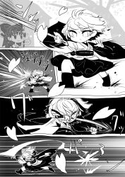 Rule 34 | 2girls, bow, cherry blossoms, closed mouth, comic, emphasis lines, fighting stance, full body, greyscale, hair bow, hair tubes, hakurei reimu, highres, holding, holding weapon, japanese clothes, jitome, kimono, long hair, long sleeves, looking at another, monochrome, multiple girls, needle, no headwear, obi, outdoors, petals, sash, serious, sound effects, sukuna shinmyoumaru, sweat, touhou, tree, weapon, wide sleeves, yt (wai-tei)