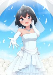 Rule 34 | 1girl, absurdres, bare shoulders, black hair, blue dress, blue sky, breasts, bridal veil, bride, collarbone, commentary, copyright request, day, dress, elbow gloves, flower, frilled dress, frills, gloves, grey eyes, hair between eyes, hand up, highres, jewelry, medium breasts, outdoors, outstretched arm, pendant, petals, rose, rose petals, see-through, shiraha maru, sky, solo, strapless, strapless dress, tiara, veil, wedding dress, white dress, white flower, white gloves, white rose