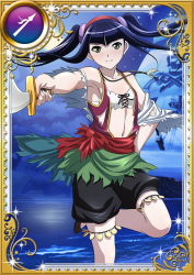 Rule 34 | 00s, 1girl, armpits, black hair, black shorts, boat, card (medium), collarbone, female focus, flat chest, hair ornament, hairband, hand on own hip, holding, holding sword, holding weapon, ikkitousen, long hair, looking at viewer, navel, official art, pirate, pirate costume, red hairband, saber (weapon), saji genpou (true), shorts, solo, sword, twintails, watercraft, weapon, yellow eyes