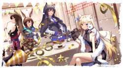 Rule 34 | 1other, 4girls, alternate costume, amiya (arknights), animal, animal ear fluff, animal ears, animal on shoulder, arknights, ascot, bare legs, bare shoulders, black coat, black dress, black gloves, black hair, black jacket, blonde hair, blue eyes, blue gloves, blue necktie, blue shorts, blush, bracelet, breasts, cake, cake slice, candle, cat, cat ears, cat on shoulder, closed eyes, closed mouth, coat, crossed legs, doctor (arknights), dress, english text, flower, food, food in mouth, fork, gloves, hand on own hip, happy birthday, heterochromia, highres, holding, holding fork, indoors, jacket, jacket on shoulders, jewelry, long hair, long sleeves, looking at viewer, medium breasts, mouth hold, multiple girls, necktie, nightmare (arknights), orange eyes, party popper, pennant, plate, pocky, pocky in mouth, purple ascot, rabbit ears, red dress, red flower, red rose, rose, shawl, shirt, shorts, sideboob, skyfire (arknights), smile, table, texas (arknights), unmei no watashijin, vase, very long hair, white cat, white flower, white rose, white shirt, wolf ears, yellow eyes