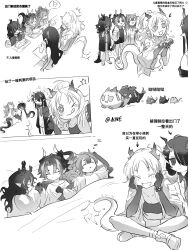 Rule 34 | aged down, animalization, antlers, arknights, artist name, bracelet, brother and sister, brothers, child, chinese commentary, chinese text, chong yue (arknights), commentary request, creature, cup, disposable cup, dragon boy, dragon bubble (arknights), dragon girl, dragon horns, dragon tail, dusk (arknights), eating, fang, food, full body, fur-tipped tail, greyscale, hands on own face, hands up, highres, holding, horns, indian style, jacket, jewelry, ling (arknights), long hair, lying, monochrome, multiple views, nian (arknights), nine5895254196, on back, photo (object), pointy ears, ponytail, short sleeves, siblings, simple background, sisters, sitting, skin fang, standing, table, tail, translation request, tray, twitter username, under covers, white background, zhi (arknights)
