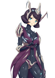 Rule 34 | 1girl, blue eyes, bodysuit, character request, hand on own hip, headgear, highres, holding, khora (warframe), looking at viewer, power suit, purple hair, sanderson, short hair, simple background, skin tight, solo, warframe, white background