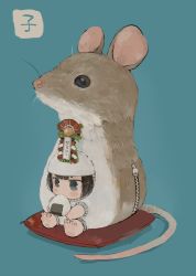 Rule 34 | 1girl, akeome, animal costume, barefoot, black hair, blue background, blue eyes, blush stickers, child, chinese zodiac, commentary request, eating, ebimomo, food, happy new year, highres, mouse (animal), new year, onigiri, original, simple background, sitting, soles, solo, year of the rat, zipper