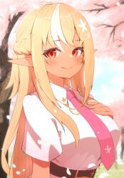 Rule 34 | 1girl, belt, blonde hair, blush, braid, breasts, brown belt, cherry blossoms, closed mouth, collared shirt, dark-skinned female, dark skin, falling petals, flower, french braid, hair flower, hair ornament, hand on own chest, highres, hololive, large breasts, long hair, looking at viewer, multicolored hair, necktie, official alternate costume, outdoors, petals, pink necktie, pointy ears, red eyes, sen (sen42724788), shiranui flare, shiranui flare (4th costume), shirt, smile, solo, streaked hair, tree, virtual youtuber, white hair, white shirt