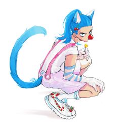 Rule 34 | 1boy, aged down, animal ear fluff, animal ears, blue eyes, blue hair, blue stripes, blue tail, bright pupils, buggy the clown, candy, cat boy, cat ears, cat tail, cherry hair ornament, cherry print, clown nose, commentary, eyelashes, food, food-themed hair ornament, food print, full body, gloves, hair ornament, hand on own knee, high ponytail, highres, holding, holding candy, holding food, holding lollipop, lollipop, looking at viewer, male focus, medium hair, mismatched animal ear colors, nike (company), one piece, purple shorts, red nose, scrunchie, shirt, shoes, short sleeves, shorts, signature, simple background, sneakers, socks, solo, squatting, striped arm warmers, suspenders, symbol-only commentary, tail, vamos mk, white background, white footwear, white gloves, white pupils, white shirt, white socks, yellow scrunchie
