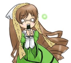 Rule 34 | 00s, 1girl, bonnet, brown hair, cowboy shot, dress, green dress, own hands clasped, layered sleeves, long hair, long sleeves, o o, own hands together, rozen maiden, short over long sleeves, short sleeves, solo, suiseiseki, surprised, white background